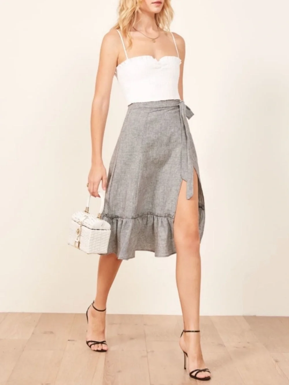 Reformation | Linen Gingham Gray Wrap Midi Skirt with Ruffle Hem
